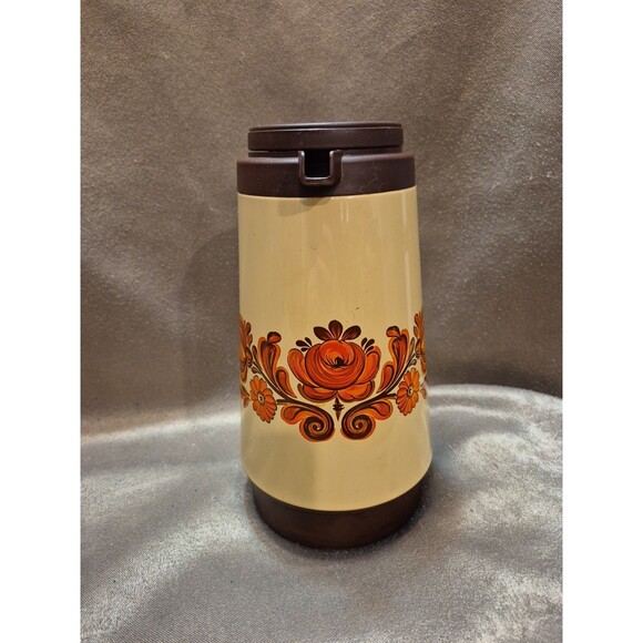 Vintage CORNING Thermos Coffee Tea Carafe 1qt GARDEN Orange Brown Floral - Picture 5 of 14